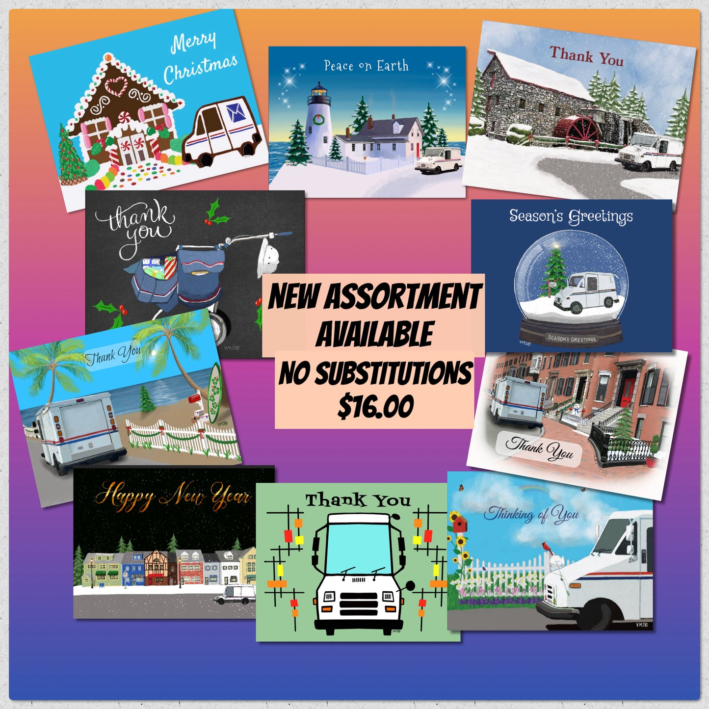 100 Postcard Assortment, Letter Carrier Holiday Themed Postcards