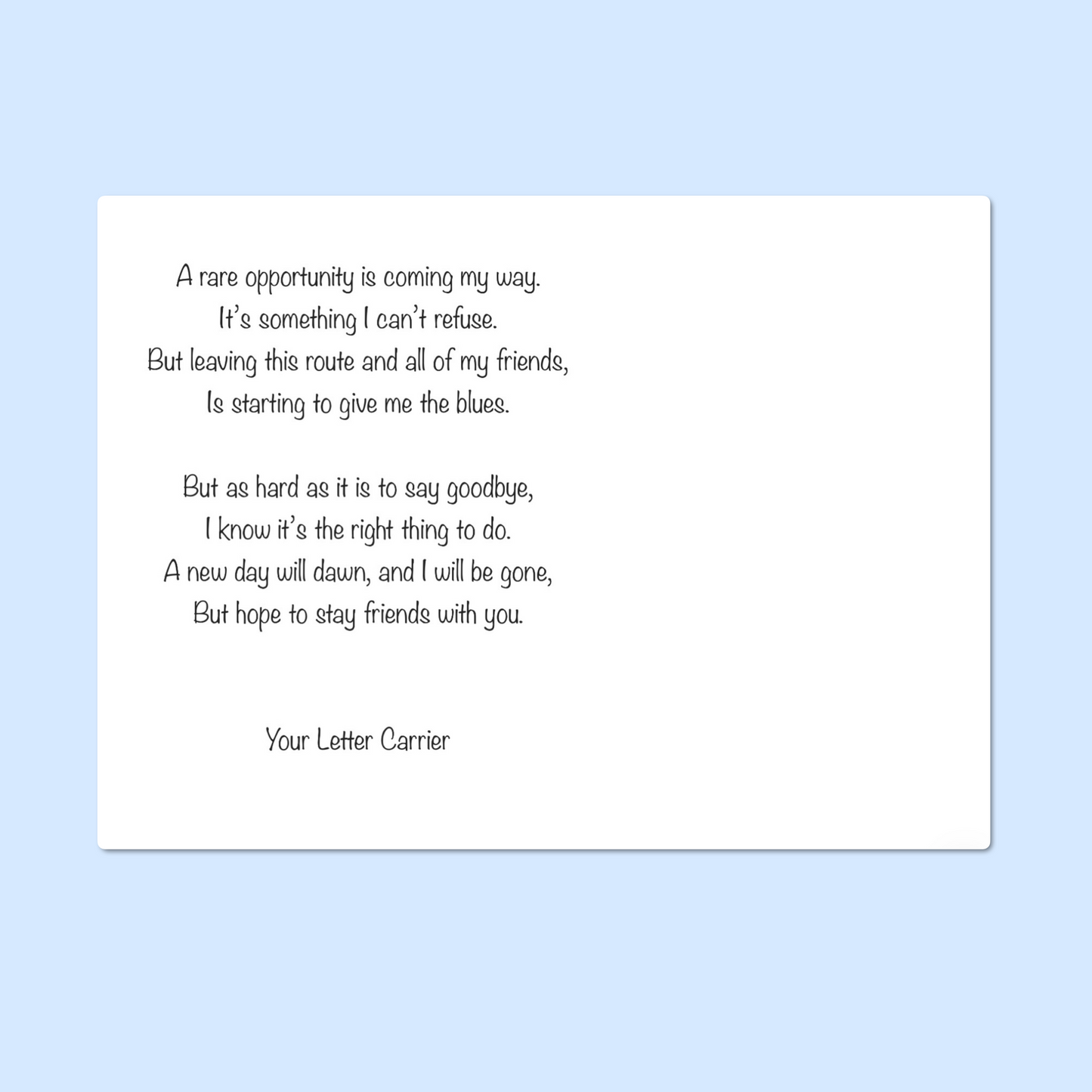 #049GB Goodbye Postcard from Letter Carrier to customer with poem