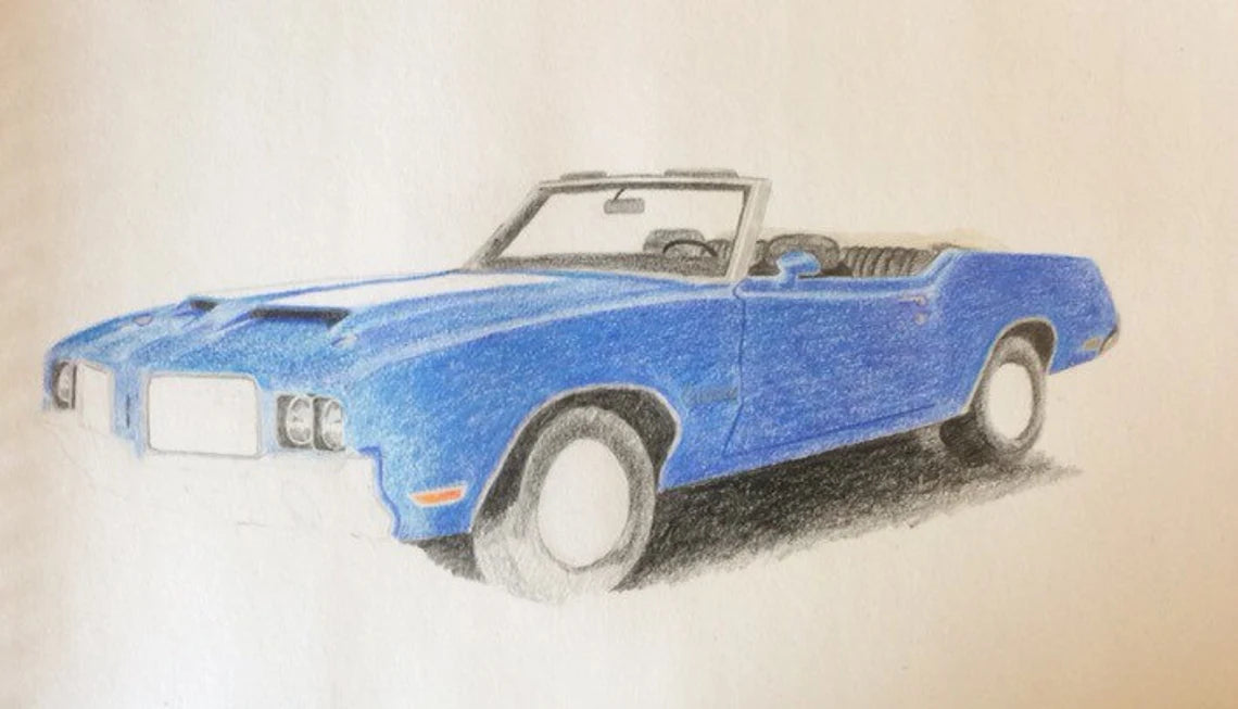 1972 old blue convertible car drawing, note card or print, muscle car