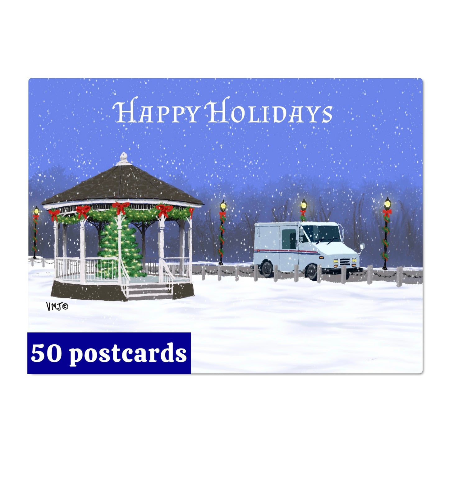 #036HH Gazebo Letter Carrier Happy Holidays Post Cards, postal postcards, Mail Carrier
