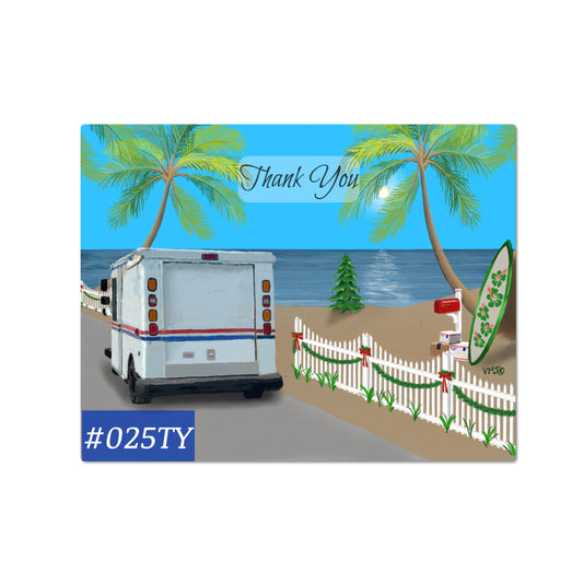 #025TY Surf Board and LLV Letter Carrier Thank You Post Cards, postal postcards, Mail Carrier