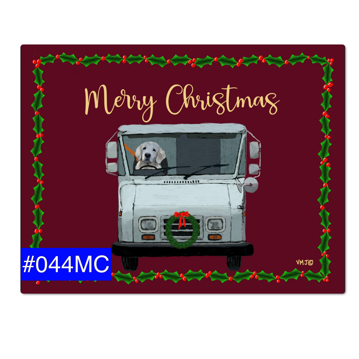 #044MC Dark Red Merry Christmas postcards with Holly trim and Dog Mail Delivery, Letter Carrier Greeting Postcards, packs of 50 or 100 postcards,