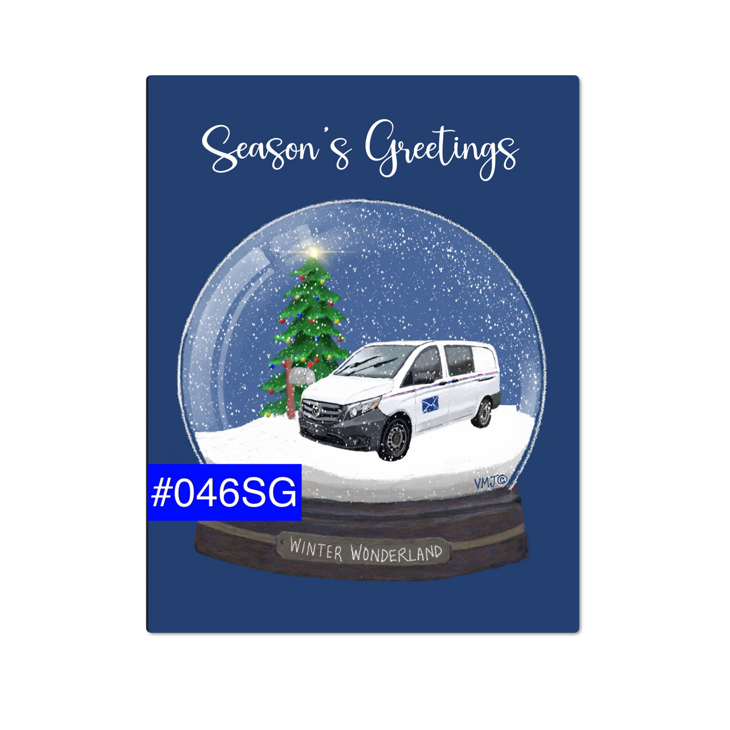 #046SG Blue Snow Globe Season’s Greetings Postcards, Holiday postal postcards Letter Carrier, Mail Carrier