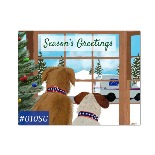 #010SG Dogs watching Mail truck, Season’s Greetings Postcards, Holiday postal postcards Letter Carrier, Mail Carrier
