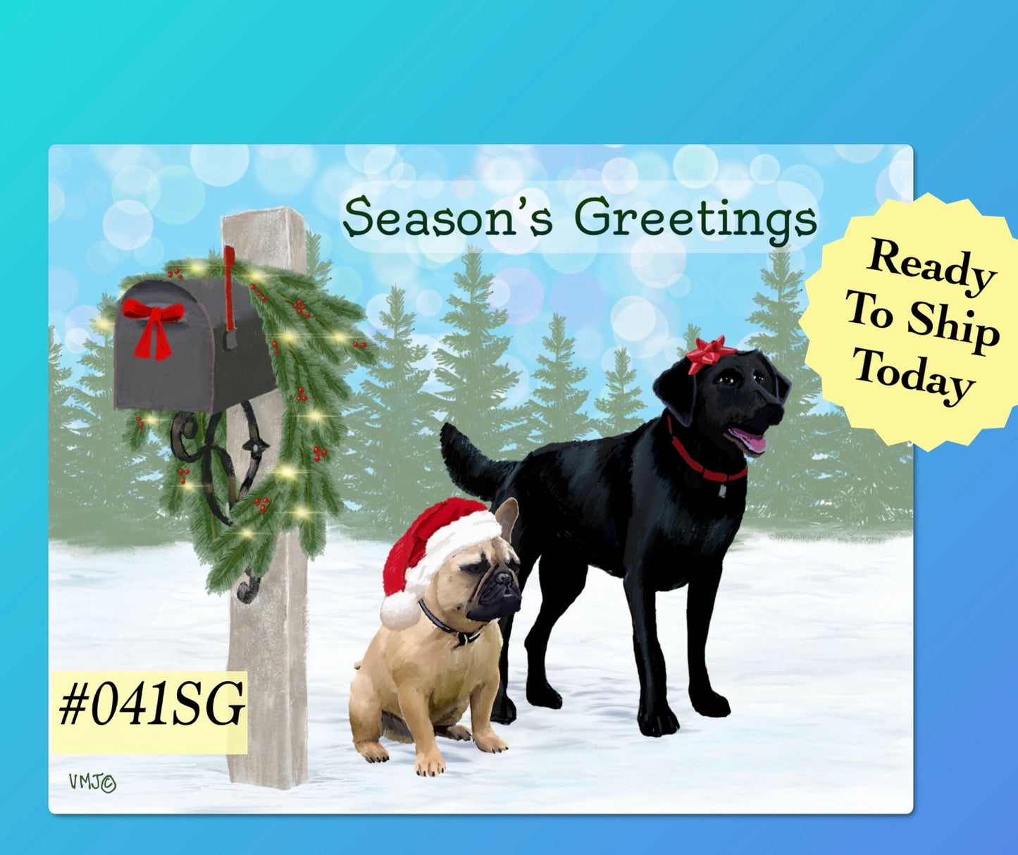 #041SG French Bulldog and Black Lab Season’s Greetings Postcards, Holiday postal postcards Letter Carrier, Mail Carrier