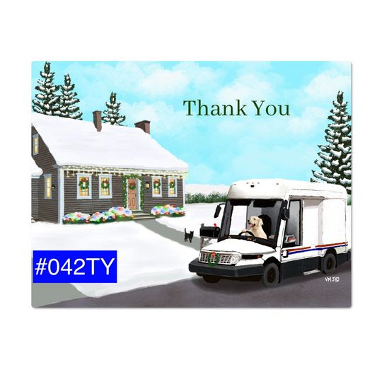 #042TY NGDV Cold Climate style, Dog Driving Mailtruck, Letter Carrier Thank You Post Cards, packs of 50 or 100 postcards,Mail Carrier,