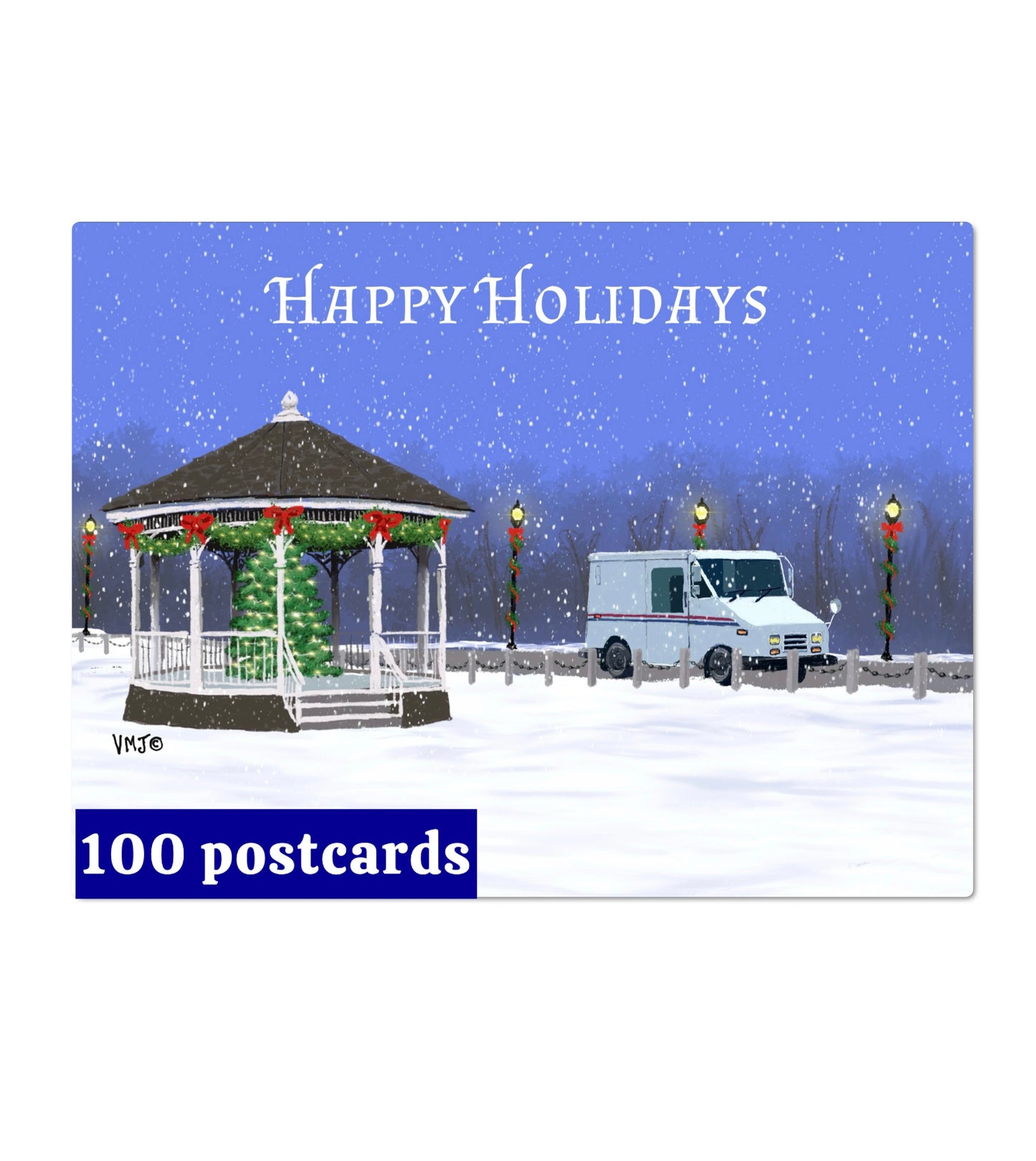 #036HH Gazebo Letter Carrier Happy Holidays Post Cards, postal postcards, Mail Carrier