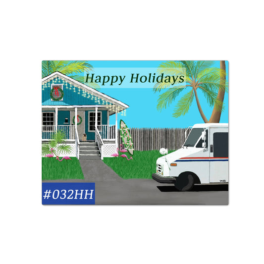 #032HH Beach Cottage Letter Carrier Happy Holidays Post Cards, postal postcards, Mail Carrier