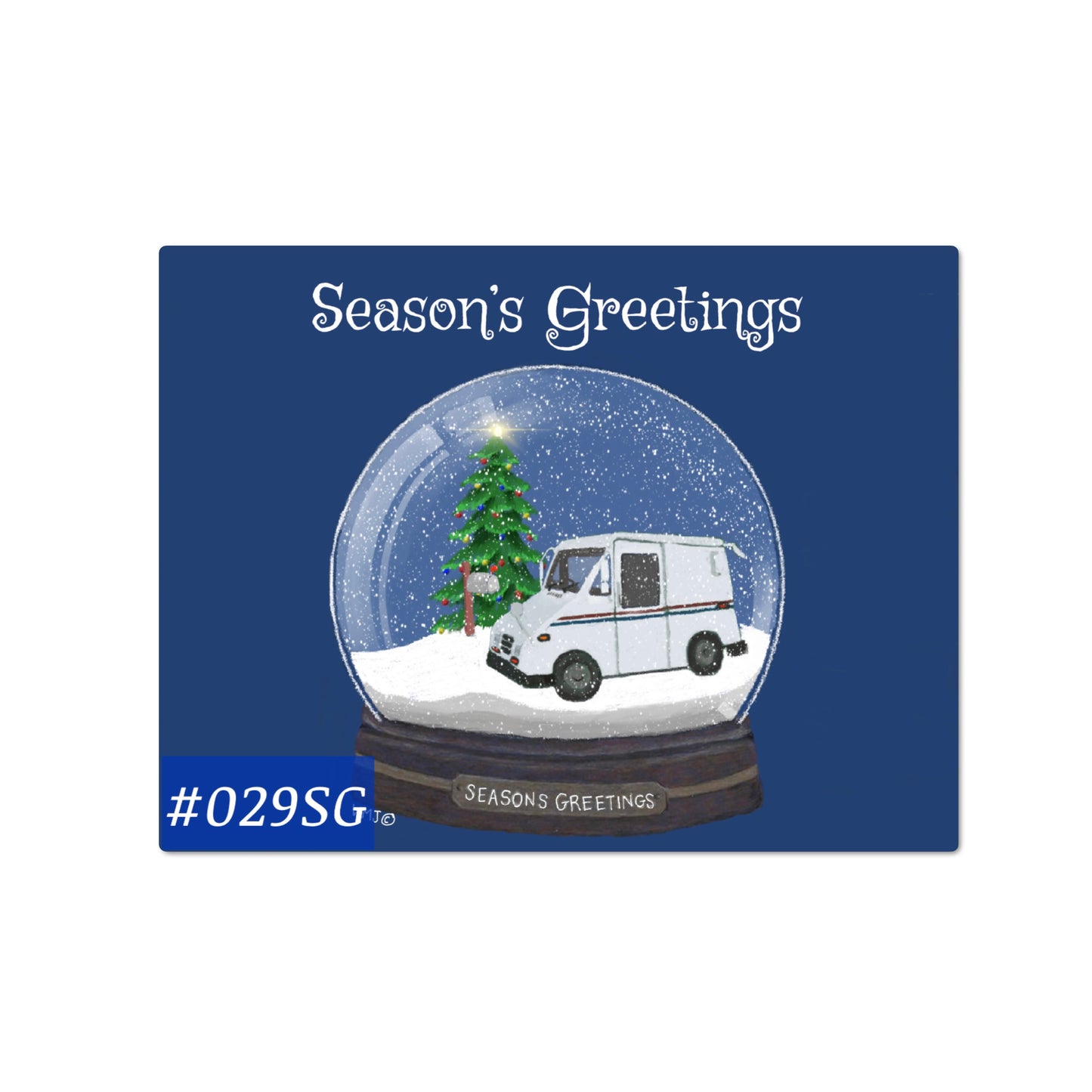 #029SG Blue Snowglobe Season’s Greetings Postcards, Holiday postal postcards Letter Carrier, Mail Carrier