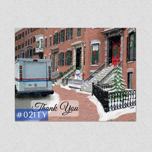 #021TY Brownstone City Scene Letter Carrier Thank You Post Cards, postal postcards, Mail Carrier