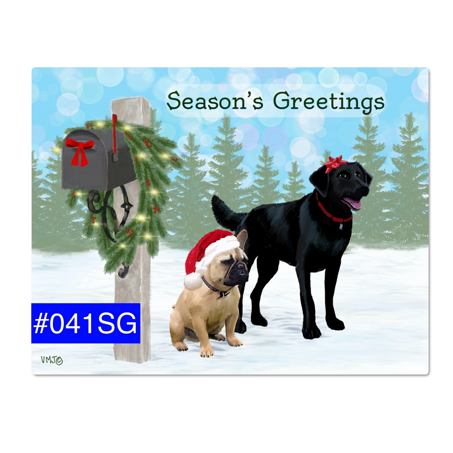 #041SG French Bulldog and Black Lab Season’s Greetings Postcards, Holiday postal postcards Letter Carrier, Mail Carrier