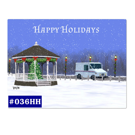 #036HH Gazebo Letter Carrier Happy Holidays Post Cards, postal postcards, Mail Carrier