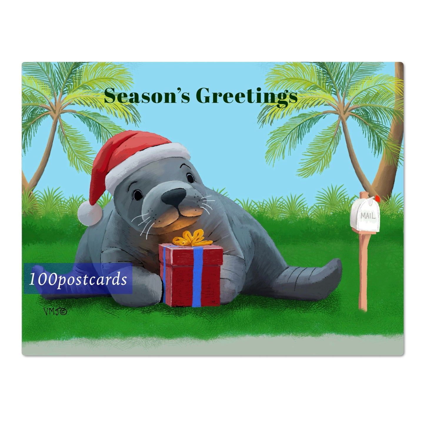 #040SG Manatee/Sea Lion, Season’s Greetings Postcards, Holiday postal postcards Letter Carrier, Mail Carrier