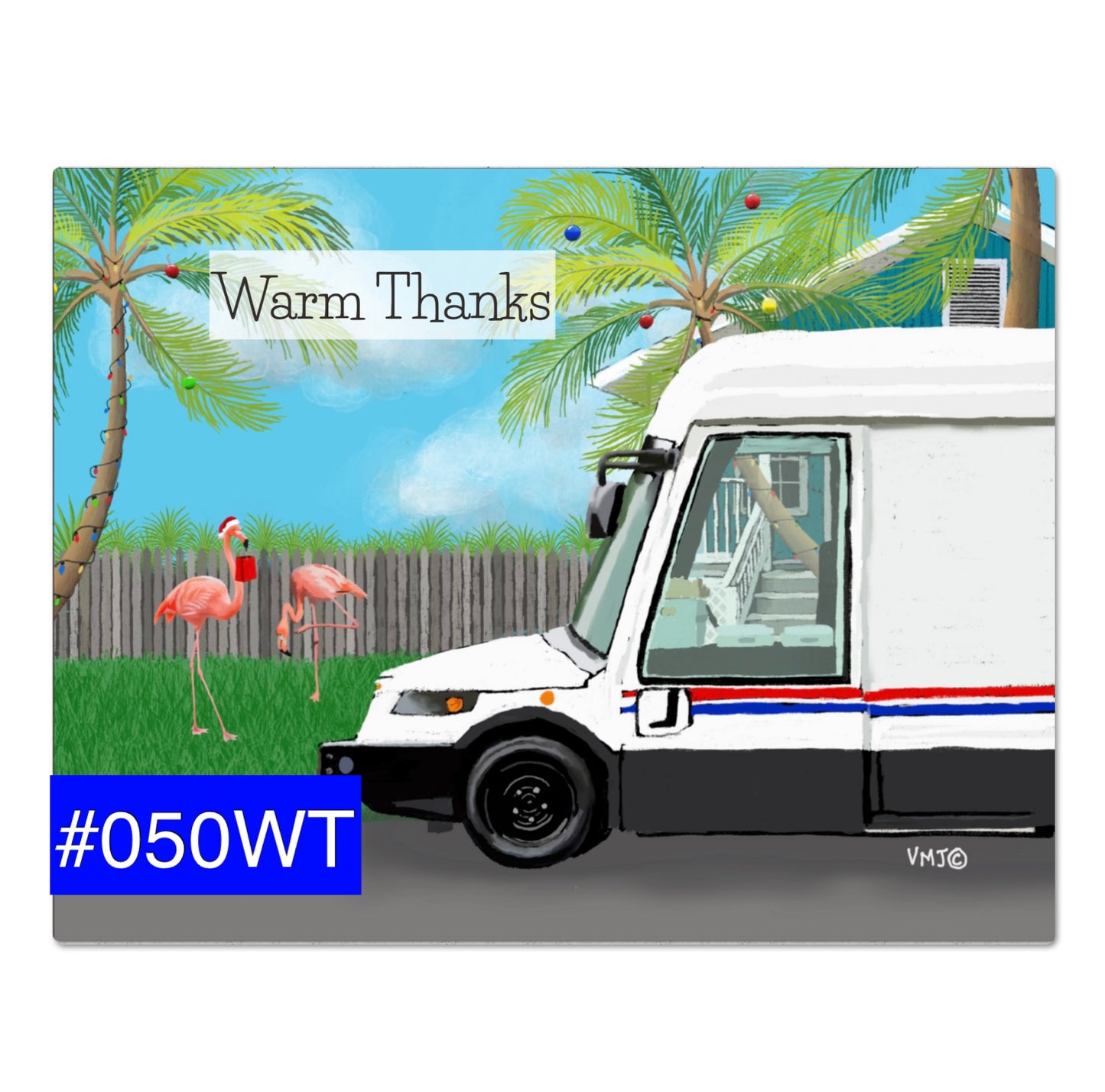 #050WT Warm Thanks, tropical themed thank you postcards for letter carriers to give their customers ￼