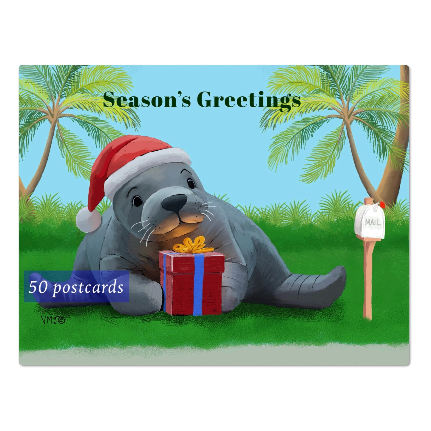 #040SG Manatee/Sea Lion, Season’s Greetings Postcards, Holiday postal postcards Letter Carrier, Mail Carrier