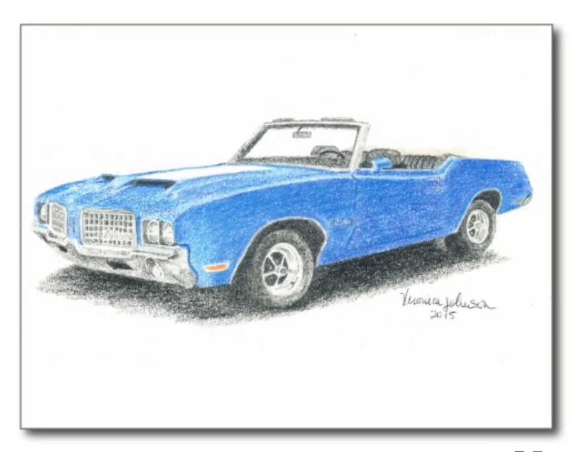 1972 old blue convertible car drawing, note card or print, muscle car