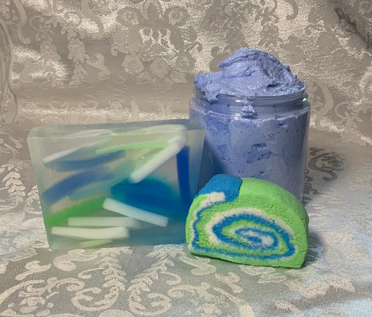 Seaglass Soap, Bubbling Bath Truffle, and Ocean Mist Scented Foaming Sugar Scrub, Gift Set