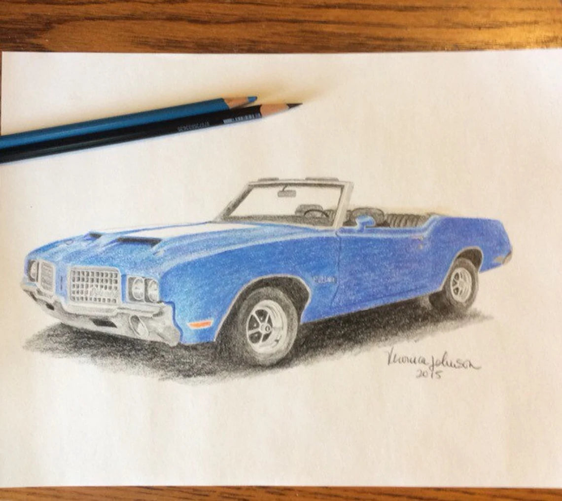 1972 old blue convertible car drawing, note card or print, muscle car