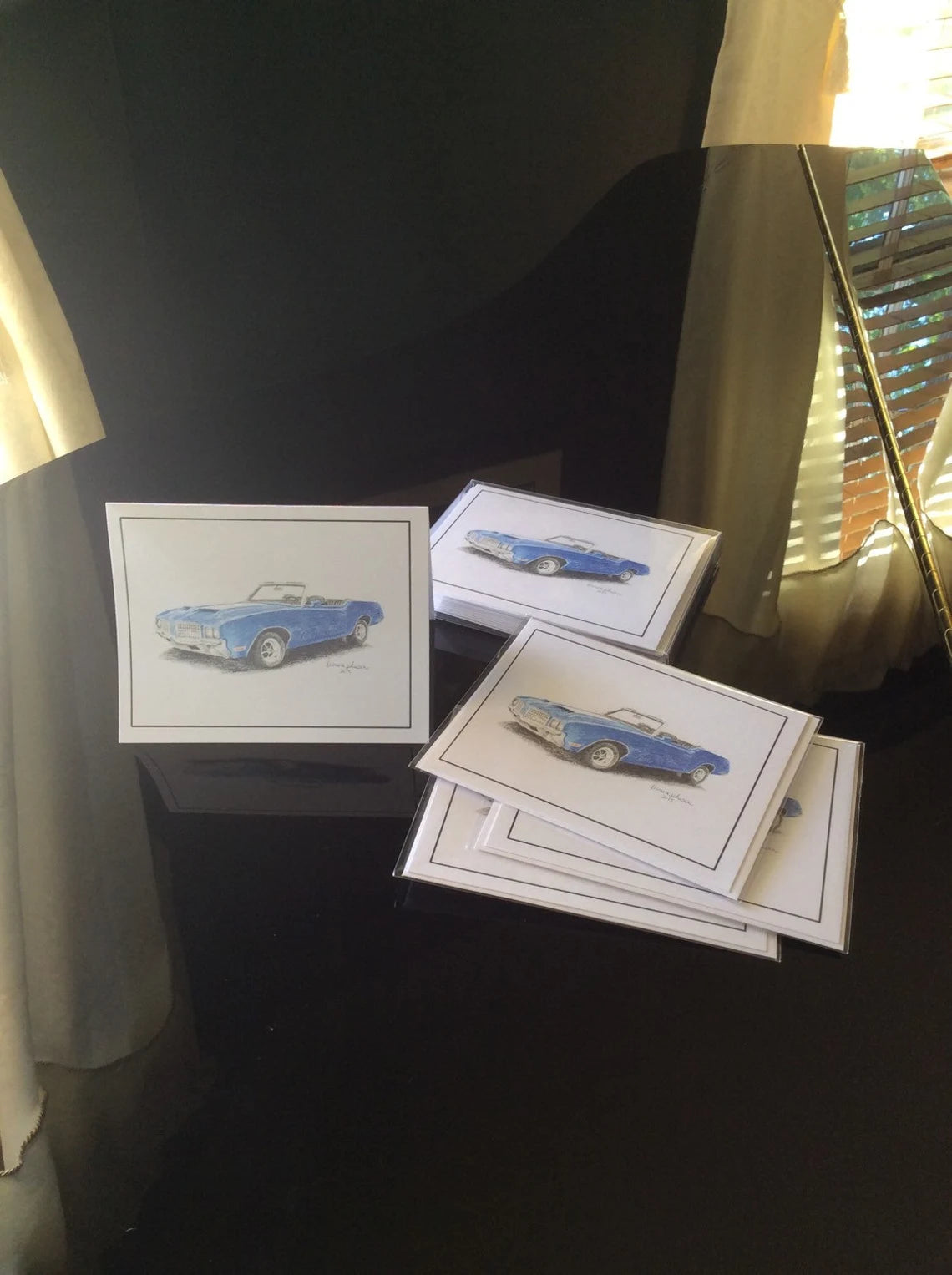 1972 old blue convertible car drawing, note card or print, muscle car