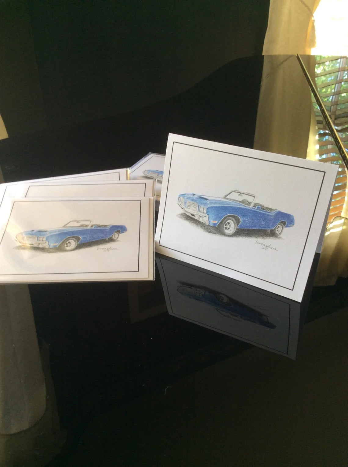 1972 old blue convertible car drawing, note card or print, muscle car