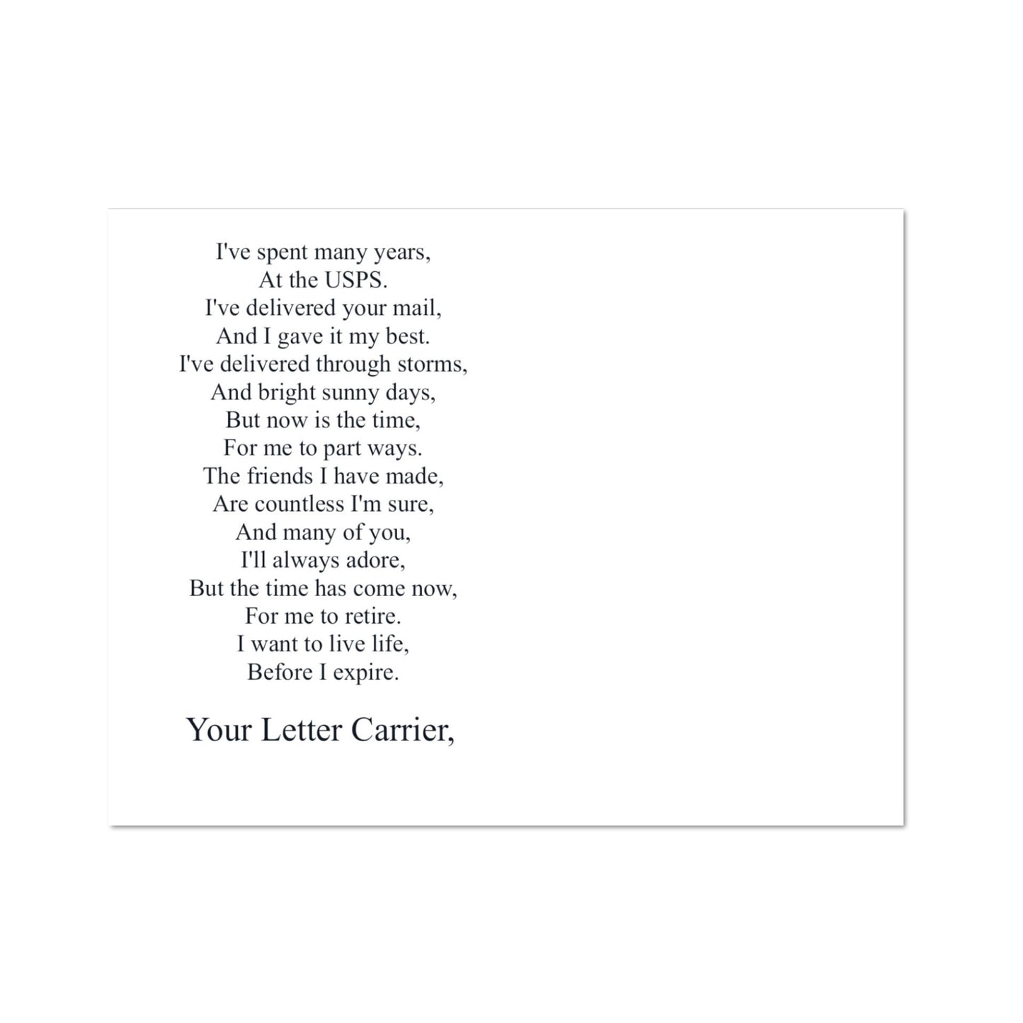 #008R New Retirement Notification Postcards for Letter Carriers, post cards with poem, Mail Carrier